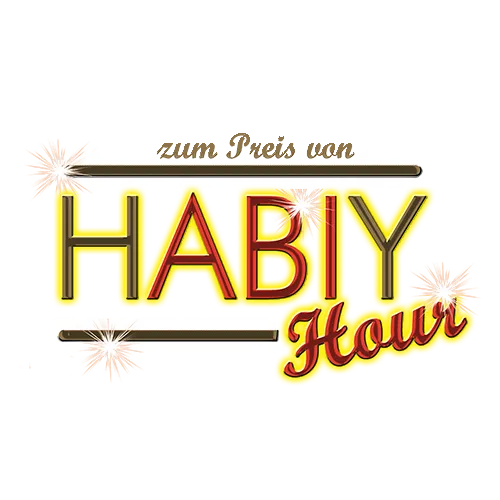 Glitzernder Schriftzug "Happy Hour" mit dem Text "20 zum Preis von 18" auf dunklem Hintergrund.