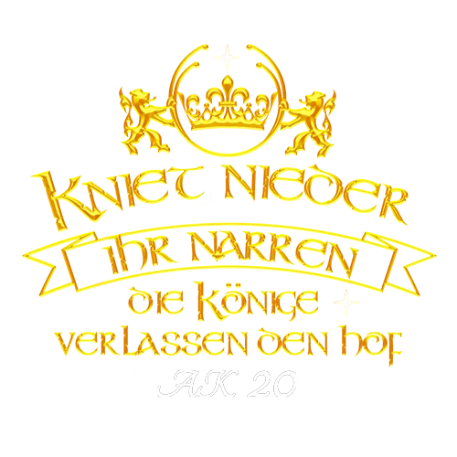 Schwarzes T-Shirt mit goldener Krone und deutschsprachigem Text "Knieet nieder Ihr Narren, die Könige verlassen den Hof" in gotischer Schrift.