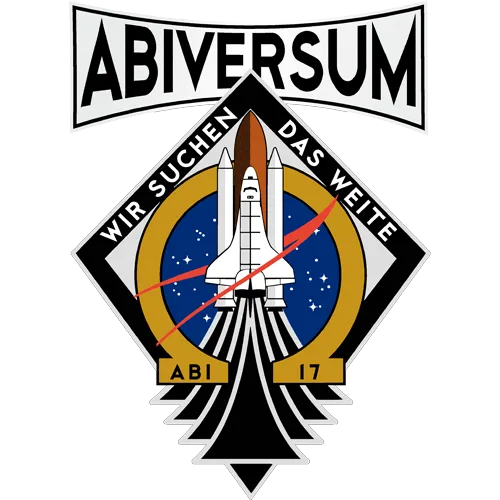 Logo mit Rakete und Text "ABIVERSUM Wir suchen das Weite ABI 17" auf dunkelblauem Hintergrund.