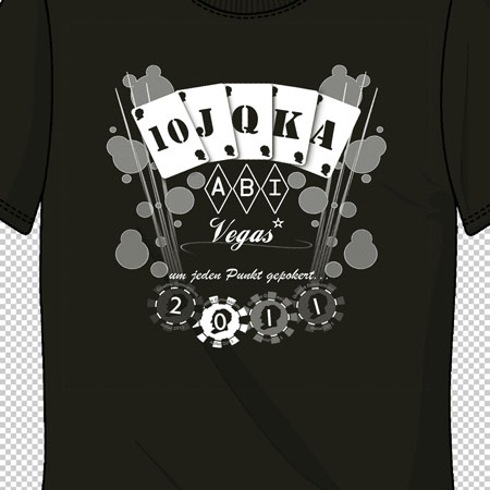 Schwarzes T-Shirt mit weiß-grauem Casino-Thema-Design, Text "Vegas" und Jahreszahl 2011.