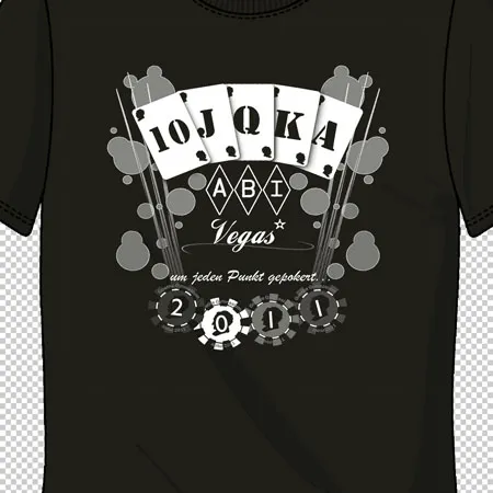 Schwarzes T-Shirt mit weiß-grauem Casino-Thema-Design, Text "Vegas" und Jahreszahl 2011.