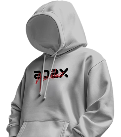 Grauer Kapuzenpullover auf unsichtbarer Figur mit schwarzem und rotem Schriftzug apex auf der Brust