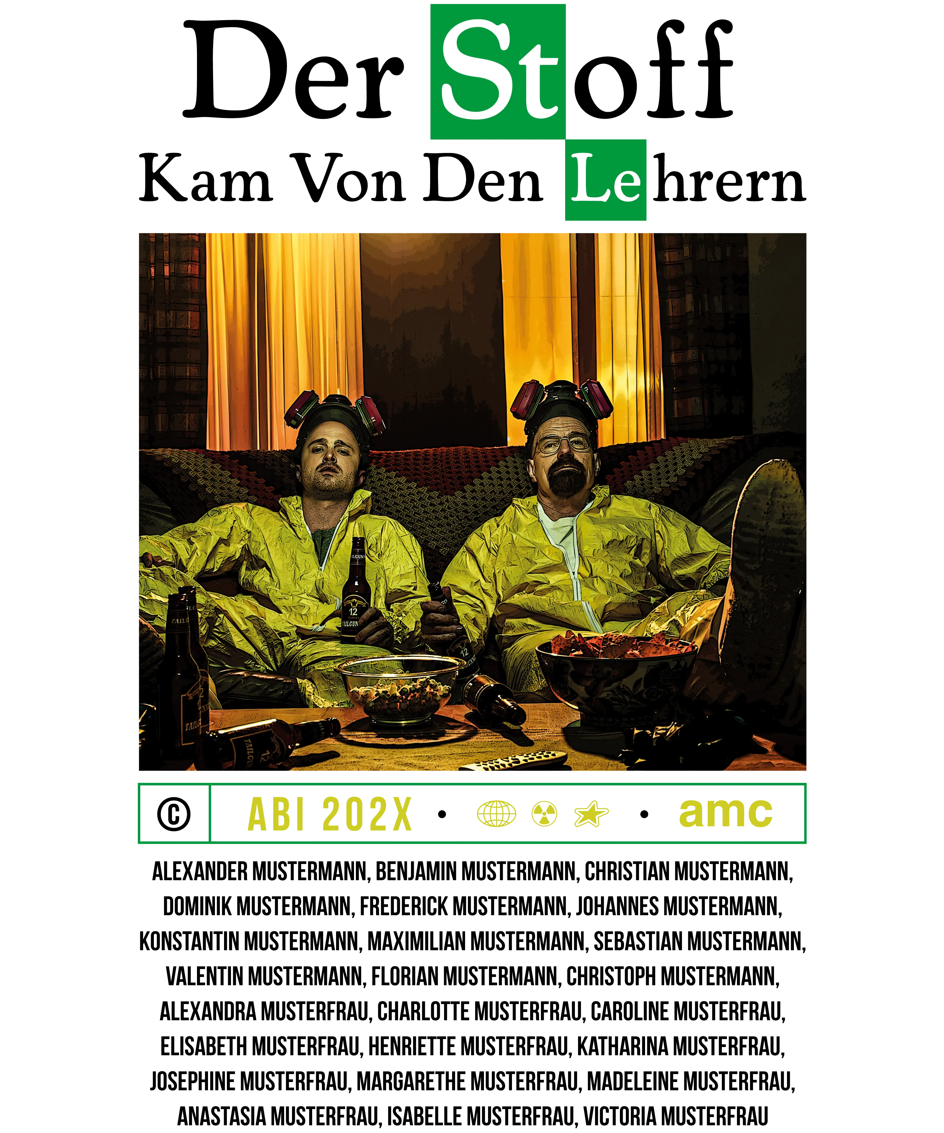 Zwei Männer in gelben Schutzanzügen mit Masken sitzen auf einer Couch mit Bier und Snacks, darüber grüne Kästchen St Le und Schrift ABI 202X AMC