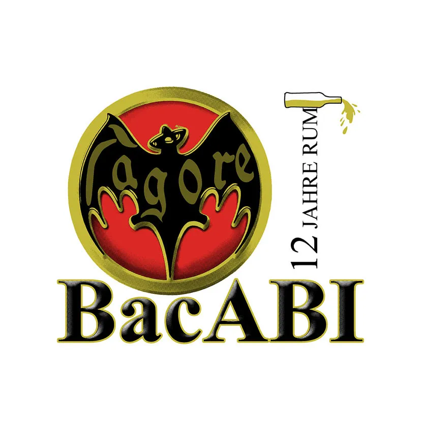 Logo mit rotem Kreis, Fledermaus im Zentrum, Text "BacABI" unten, "12 Jahre Rum" rechts.