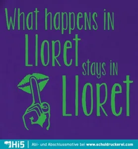 Illustration mit Text "What happens in Lloret stays in Lloret" und einem stilisierten Finger mit Lippen.