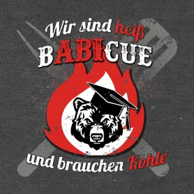 Bild mit grafischem, rotem Flammenhintergrund und einer Bärenillustration mit Absolventenhut. Text: "Wir sind neu BABICUE und brauchen Kohle".