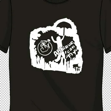 Schwarzes T-Shirt mit weißer Grafik eines Berges und Radfahrers, Text "Achieve, Believe, Conquer".
