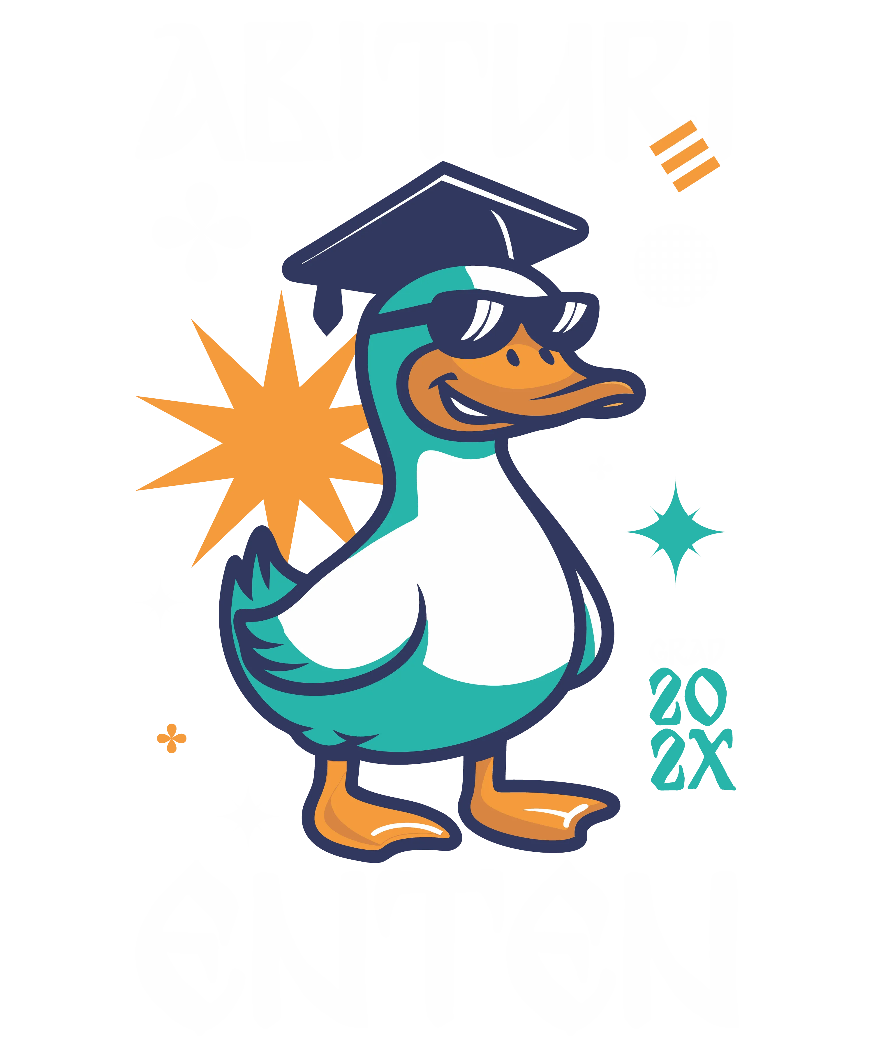 Cartoon duck wearing sunglasses and graduation cap surrounded by stylized stars and shapes with text Abiturienten Group 202X