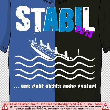 Design eines blauen Abschluss-T-Shirts mit Schiffsmotiv, Text und Jahreszahl 2013.