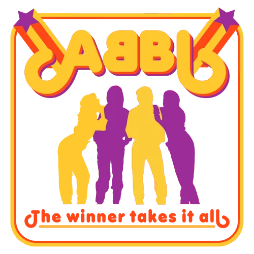 Abstrakte Darstellung von vier Personen mit der Aufschrift 'ABBA' und 'The winner takes it all' auf einem grafischen Design.