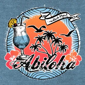 tropisches_getraenk_und_palmen_design Grafik mit Cocktailglas, Palmen und Blumen auf orangefarbenem Kreis, Wort "Abilola".