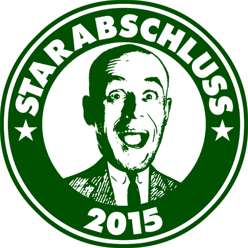 Grüner Kreis mit dem Text 'STAR ABSCHLUSS 2015' und einem lächelnden Mann im Zentrum.