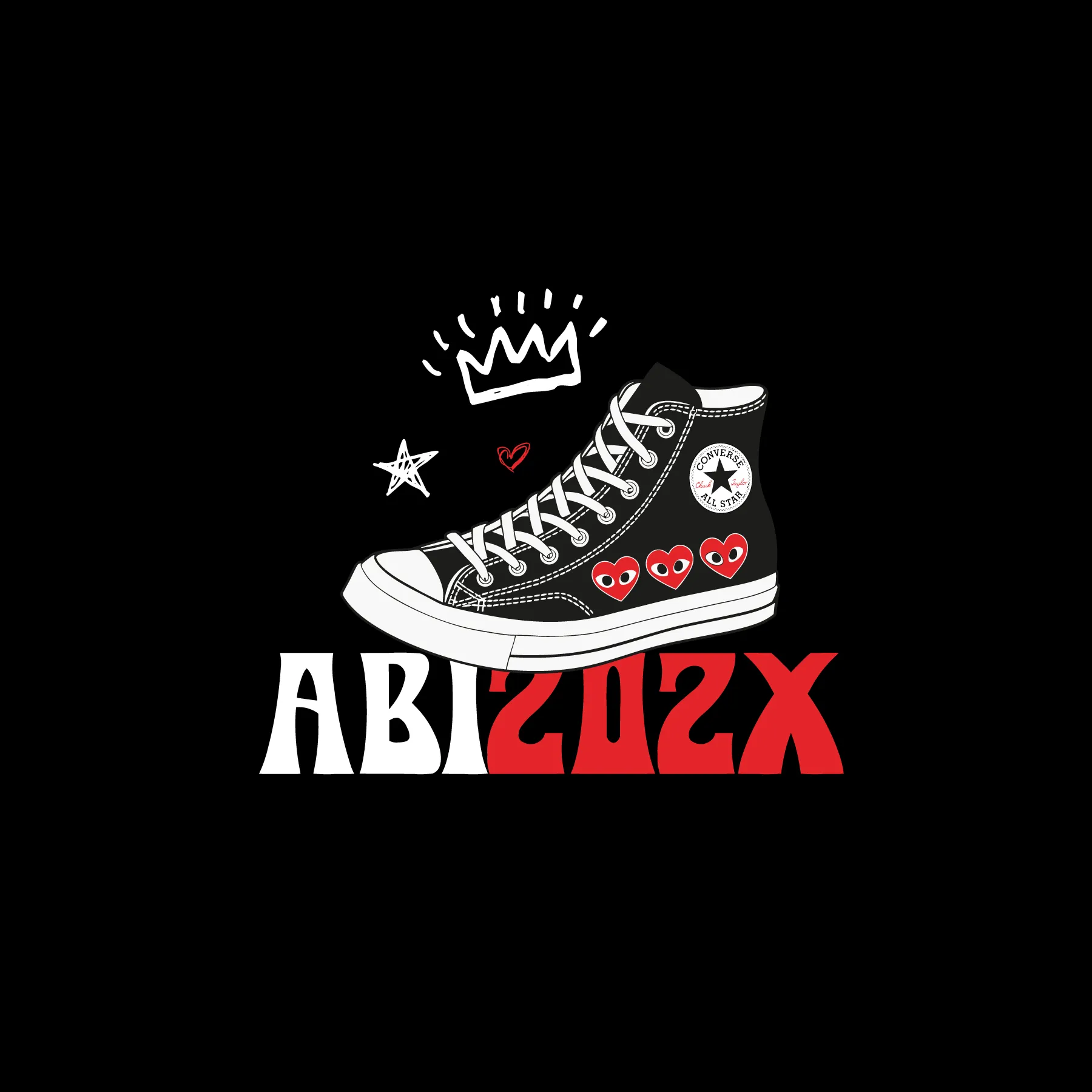 Schwarzer Sneaker mit Converse All Star Logo und drei roten Herzmotiven handgezeichnete Krone Stern Herz und Text ABI 202X