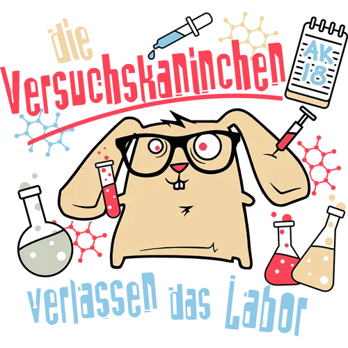 Ein cartoonhaftes Kaninchen mit Brille, umgeben von Reagenzgläsern und einem Marker, auf rotem Hintergrund.