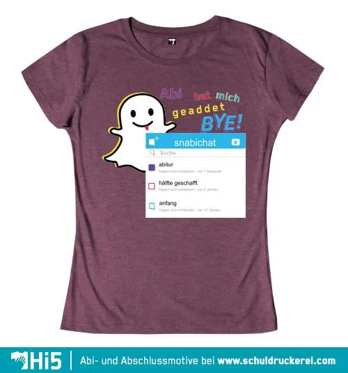 Illustration eines Geister-Logos mit Text 'Abi hat mich geaddet BYE!', Suchleiste und Nachrichten-Hinweisen.