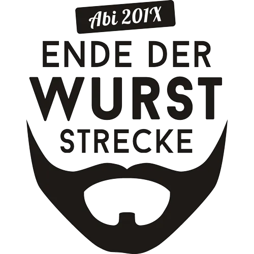 Gelbes T-Shirt Design mit schwarzen Buchstaben "Abi 201X" und "Ende der Wurststrecke", darunter ein Bart-Logo.