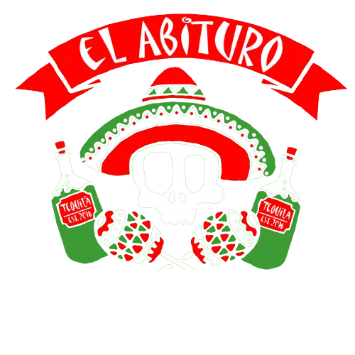 Grafik mit einem Schädel in einem Sombrero, umgeben von Tequila-Flaschen und der Aufschrift 'El Abituro'.