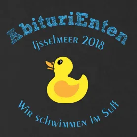 Gelbe Gummiente auf schwarzem Hintergrund, umgeben von blauen Texten 'AbituriEnten', 'Ijsselmeer 2018' und 'Wir schwimmen im Suff'.