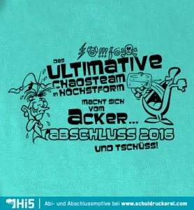 Comichafte Zeichnung mit Text "ULTImative CHAOSTEAM macht sich vom ACKER... ABSCHLUSS 2016 und TSCHÜSS!" und zwei Figuren.