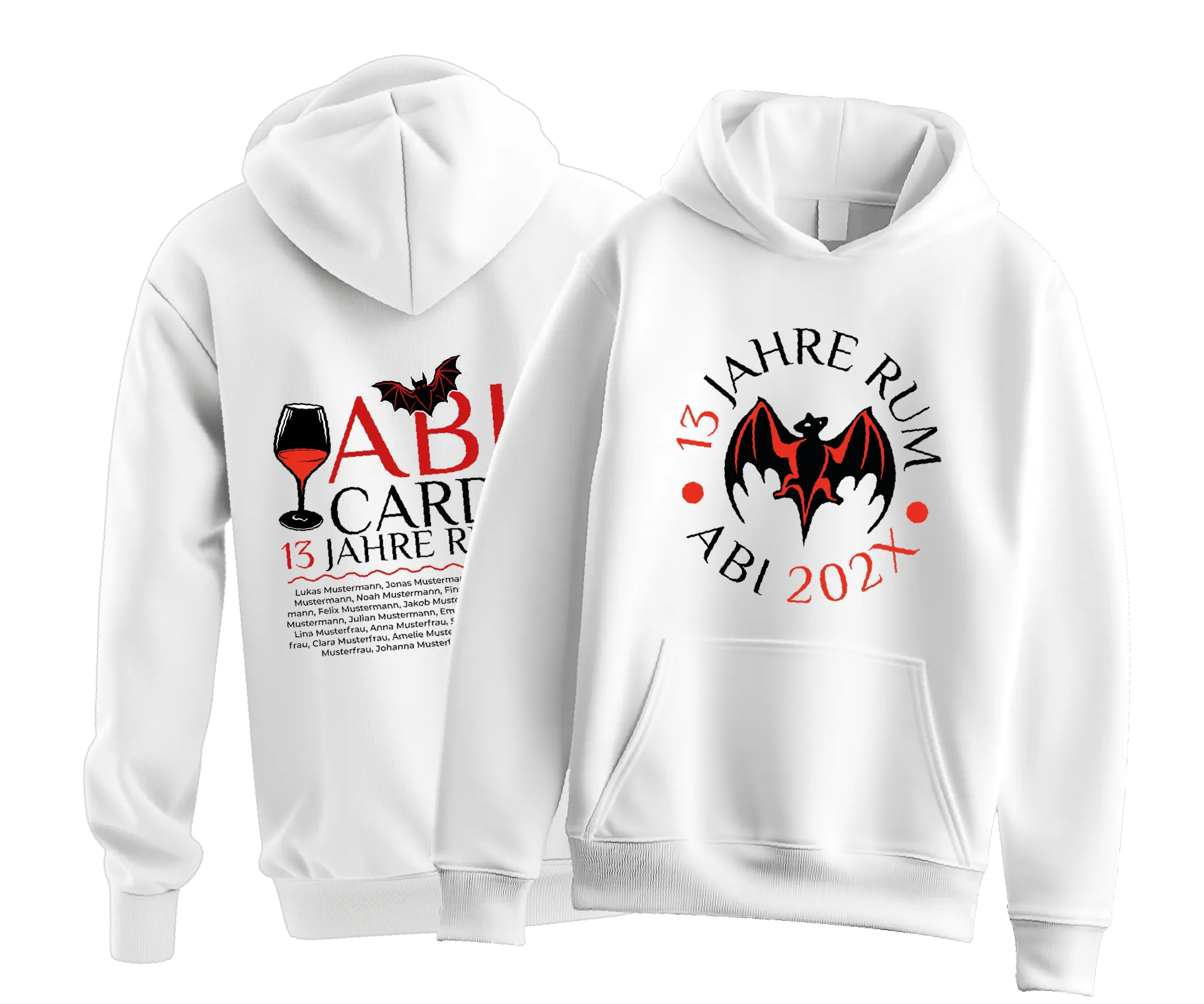 Zwei weiße Kapuzenpullover, vorne Aufdruck Abi Card 13 Jahre Rum mit Weinglas und Fledermaus, hinten Fledermaussymbol und Text 13 Jahre Rum Abi 202X