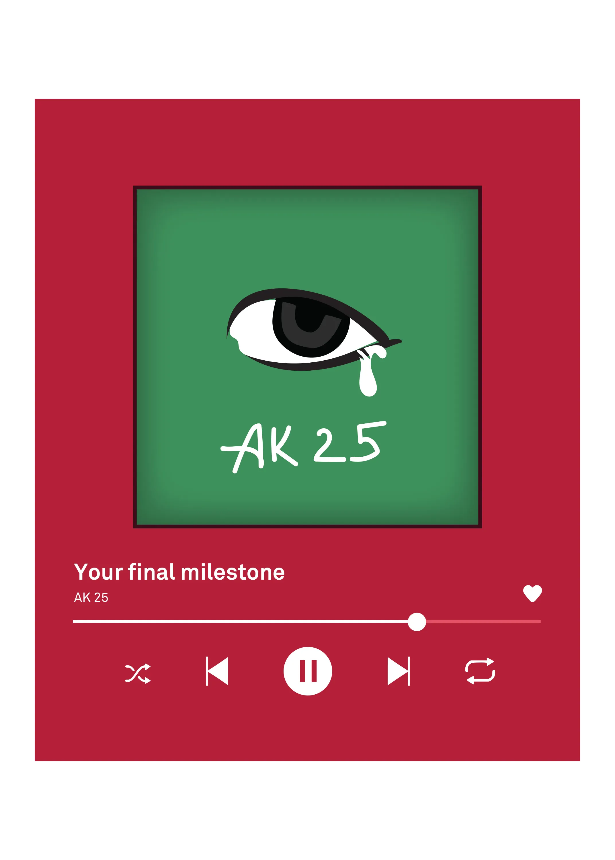 Musikplayer auf rotem Hintergrund mit gruenem Cover und weinendem Auge samt AK25 Schriftzug Titel Your final milestone und Wiedergabeknoepfen