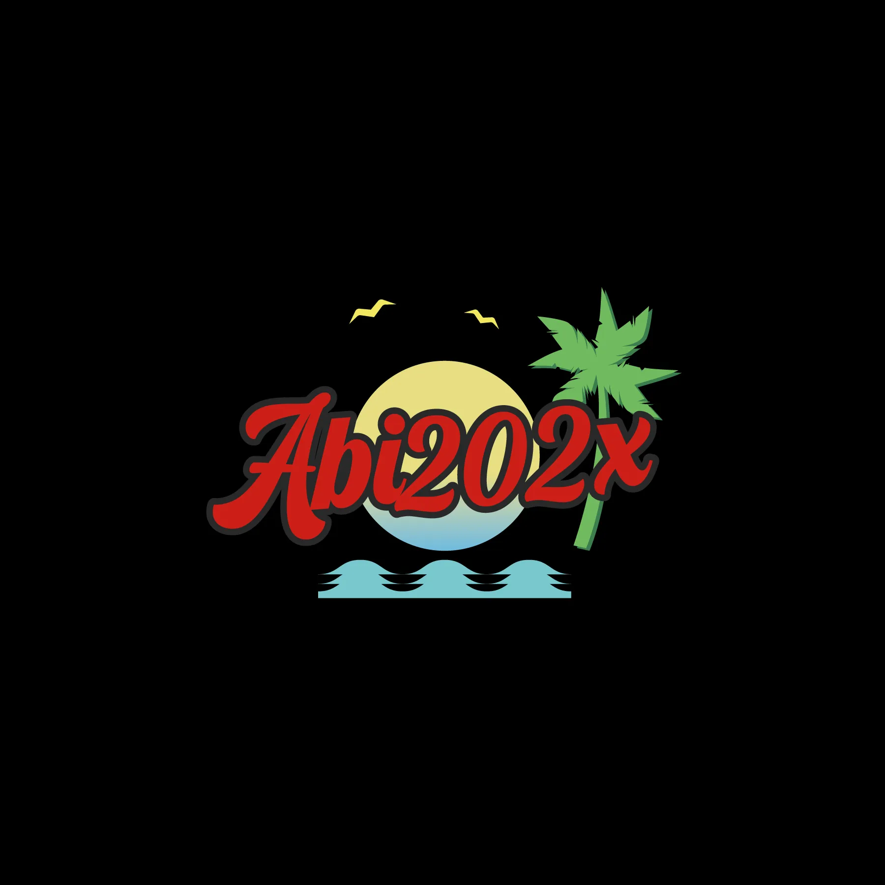 Logo mit roter Schrift Abi202x vor gelber Sonne am Horizont auf blauem Meer mit zwei gelben Voegeln und gruener Palme auf schwarzem Hintergrund