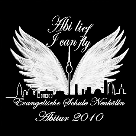 Weiße Engelsflügel über der Silhouette von Berlin und Text: Abitur 2010.