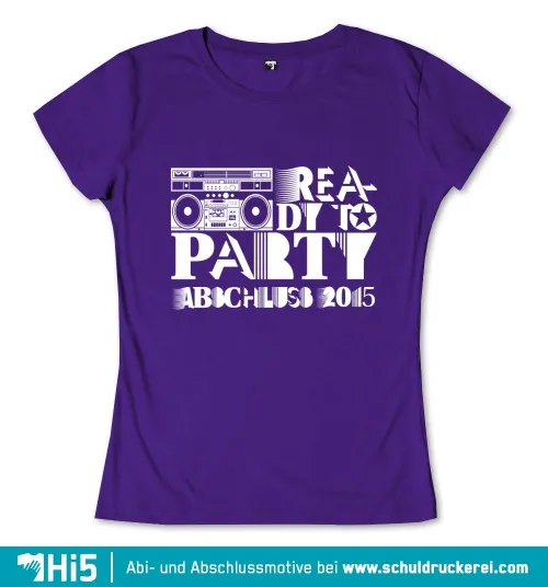 Illustration eines Retro-Radios mit dem Text 'Ready to Party ABICLUSB 2015' auf lila Hintergrund.