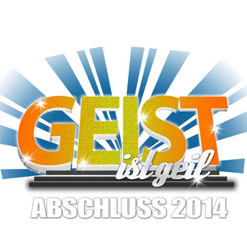 Design für einen Abschlussshirt "GEIST ist geil ABSCHLUSS 2014" auf blauem Hintergrund.