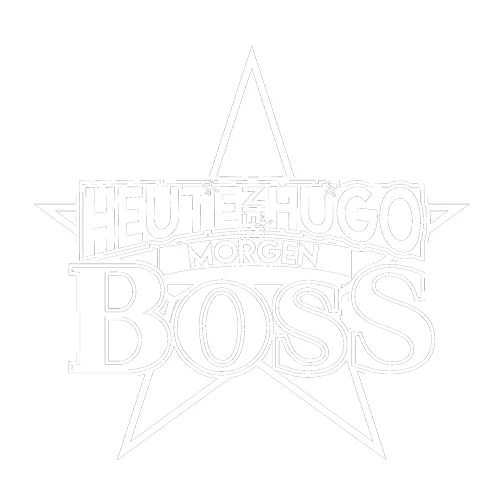 Schwarzes sternförmiges Logo mit den Worten "Heute Hugo Morgen Boss" in einem 3D-Effekt.