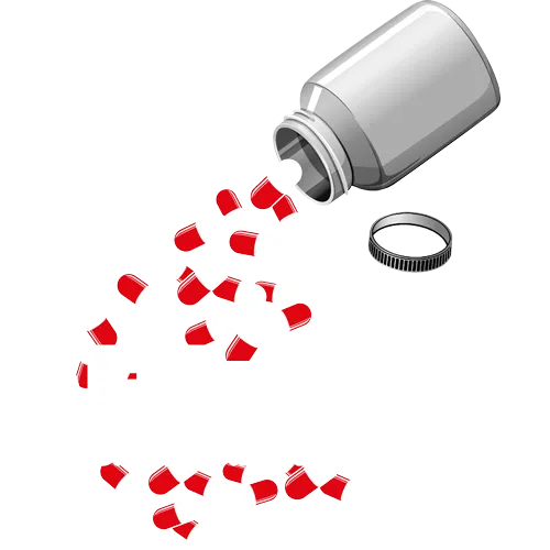 Illustration einer Pillendose, aus der rote und weiße Kapseln fallen, mit dem Text Abitamin.