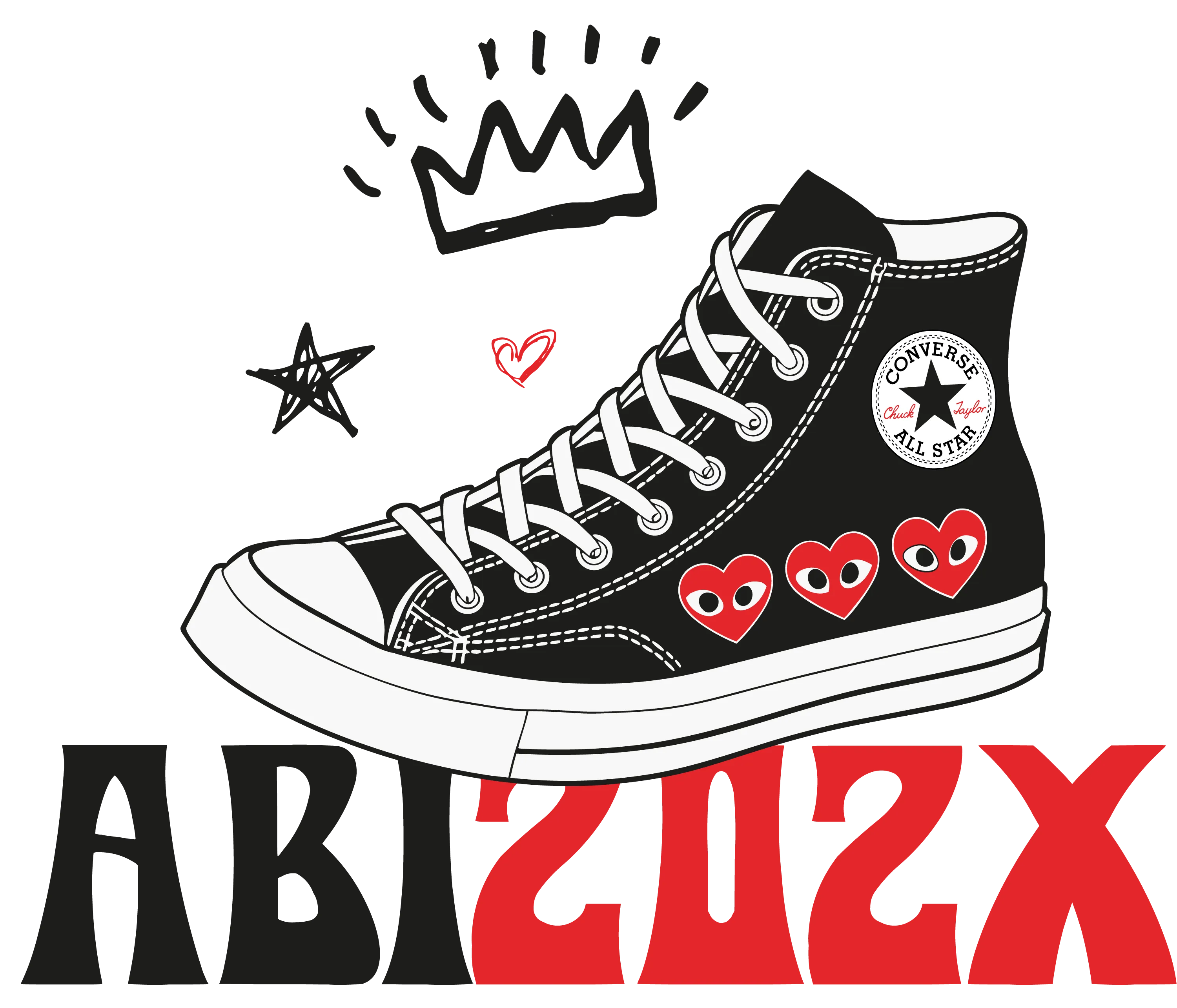 Schwarzer Converse Sneaker All Star mit weissen Schnuersenkel weisser Sohle drei rote Herzen an der Seite Krone Stern Herz Schriftzug ABI T 202X