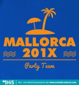 Schwarzes Bild mit der goldenen Silhouette einer Palme, Wellen und der Aufschrift "Mallorca 201X Party Team".