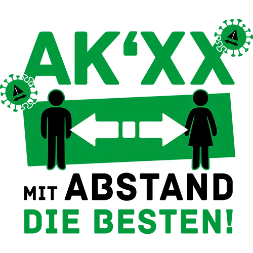 Grafik mit dem Text "Mit Abstand die Besten", zwei Figuren, Pfeilen und Covid-19-Virus.