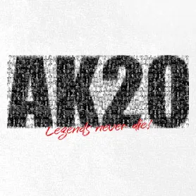 Schwarz-weiß Mosaik aus vielen kleinen Fotos formt die Buchstaben "AK47" und den Schriftzug "Legends never die!" in Rot.