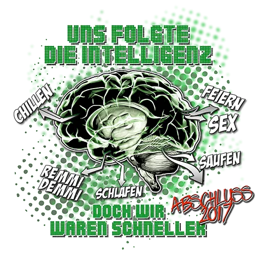 Grafisches Design mit einem Gehirn, umgeben von verschiedenen Wörtern wie "Chillen" und "Feiern" auf dunklem Hintergrund.