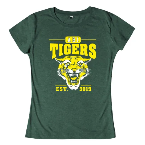 Gelber Tigerkopf mit "ABI TIGERS EST. 2019" Text auf grünem Hintergrund.