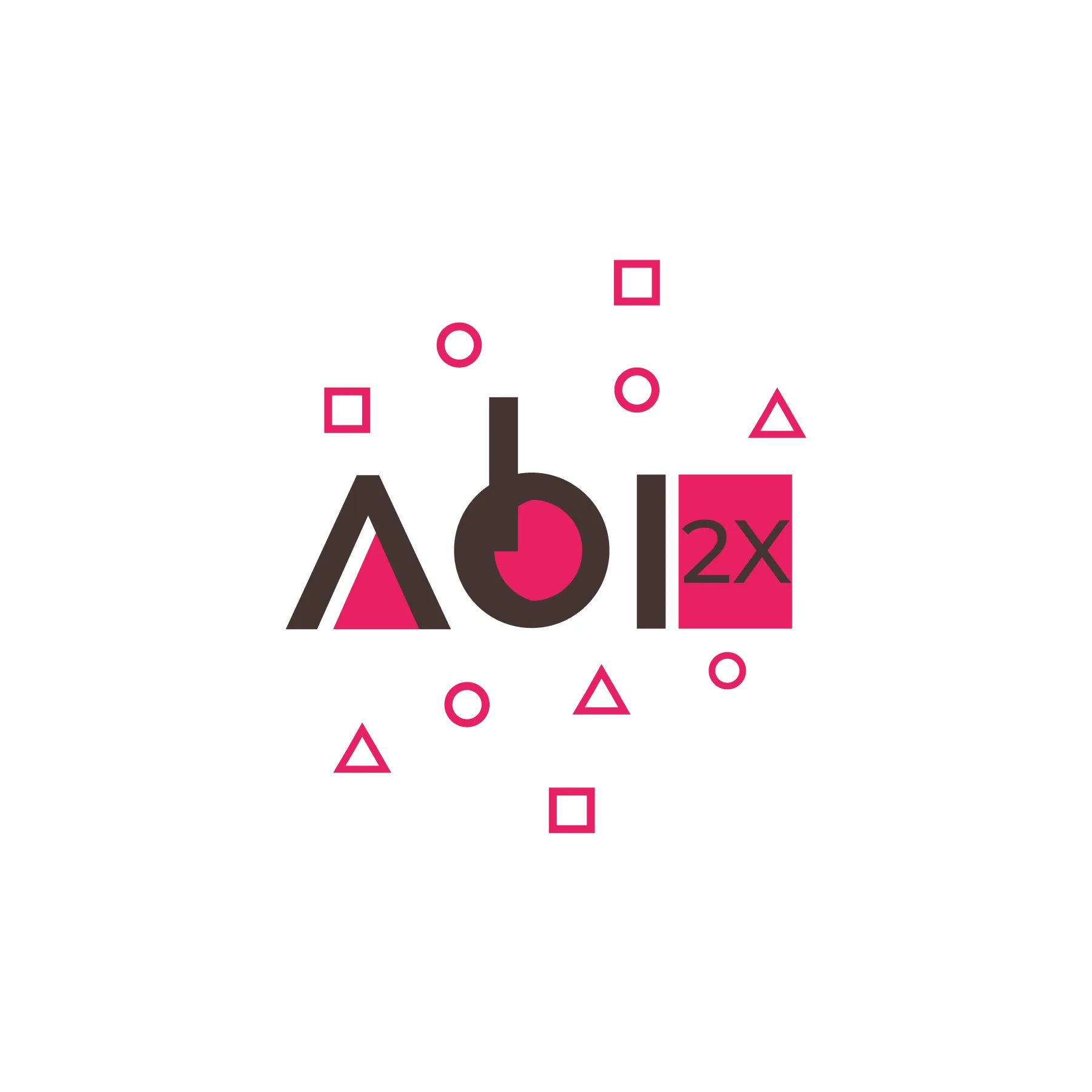 Logo mit dem Schriftzug abi2x gestaltet aus geometrischen Formen und umgeben von verstreuten pinken Umrissformen von Dreiecken Kreisen und Quadraten