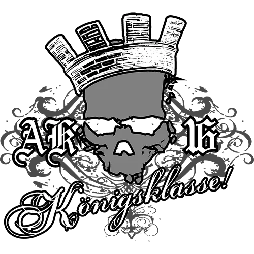 Schwarzer Totenkopf mit einer Krone aus Gebäuden und dem Text 'AK 16 Königsklasse'.