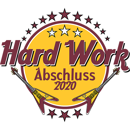 Grafik mit gelbem Kreis, zwei Gitarren, Text "Hard Work Abschluss 2018" und Sternen.