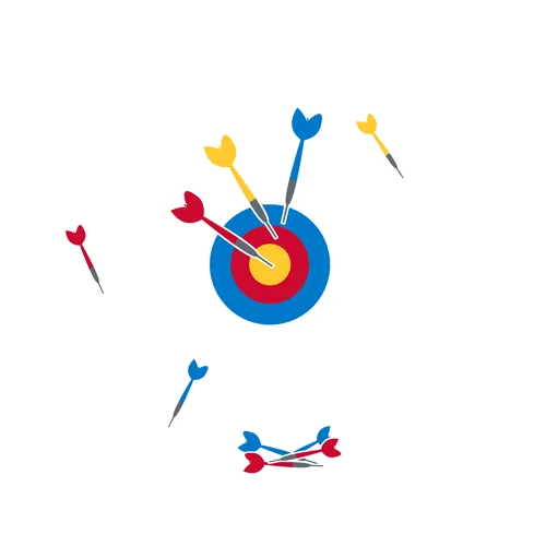 Bunte Pfeile treffen und verfehlen ein Ziel, Grafikdesign.