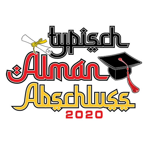Grafik auf T-Shirt mit Text 'typisch Alman Abschluss 2020', Doktorhut und Silhouetten.