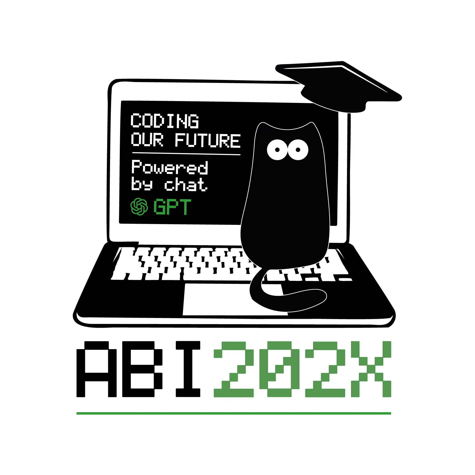 Schwarze Katzenfigur sitzt vor Laptopbildschirm mit Text Coding Our Future Powered by chat GPT Schriftzug ABI 202X und Doktorhut