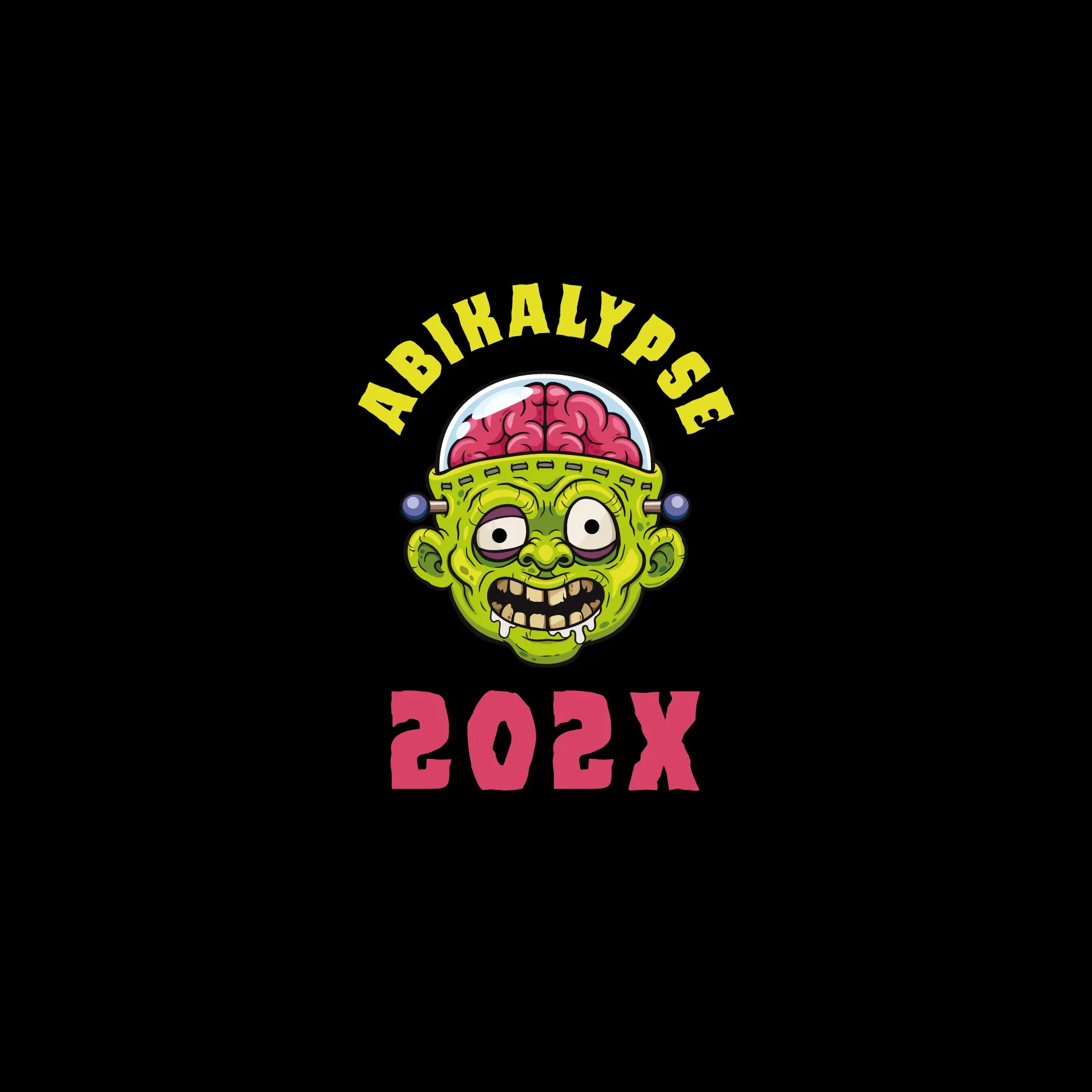 Gelber Schriftzug ABIKALYPSE oben gruener Cartoon Zombiekopf mit freigelegtem Gehirn im Glashelm und rotem Schriftzug 202X