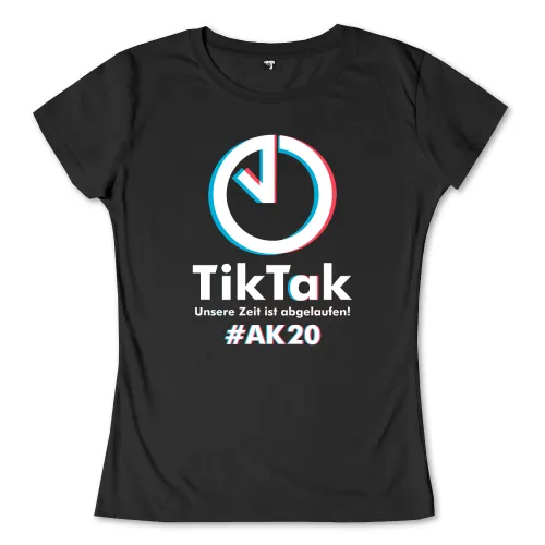 Rotes und blaues Grafikdesign mit Uhrsymbol und Text "TikTak Unsere Zeit ist abgelaufen! #AK20"