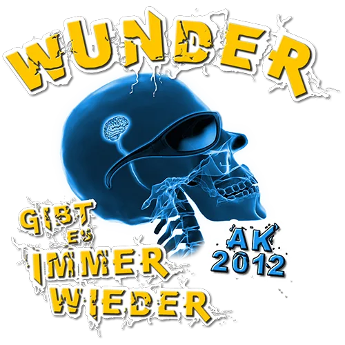 Illustration eines blauen Schädels und eines Skeletts, umgeben von Texten wie 'WUNDER - GIBT ES IMMER WIEDER' und 'AK 2012'.