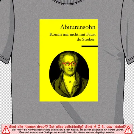 Graues T-Shirt mit einem Bild von Goethe, roten Brillen und Text in einem gelben Kreis.