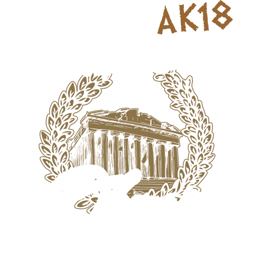 Schwarzes Design mit dorischer Säulenstruktur und Lorbeerkranz. Text: "Die Götter verlassen den Olymp".