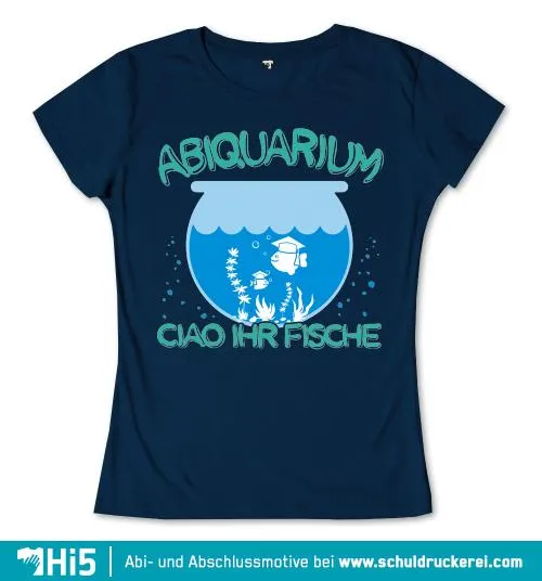 Illustration eines Aquariums mit zwei Fischen in Doktorhüten und dem Text "Ciao ihr Fische".