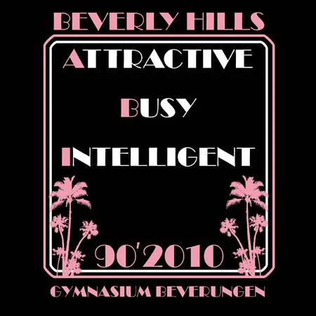 Schwarzes Poster mit rosa und weißem Text, Palmen am unteren Rand, "Beverly Hills Gymnasium Beverungen".